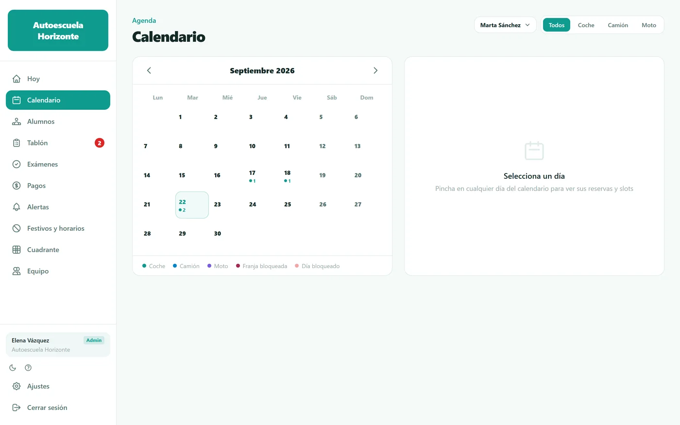 El calendario de la autoescuela con todos los profesores