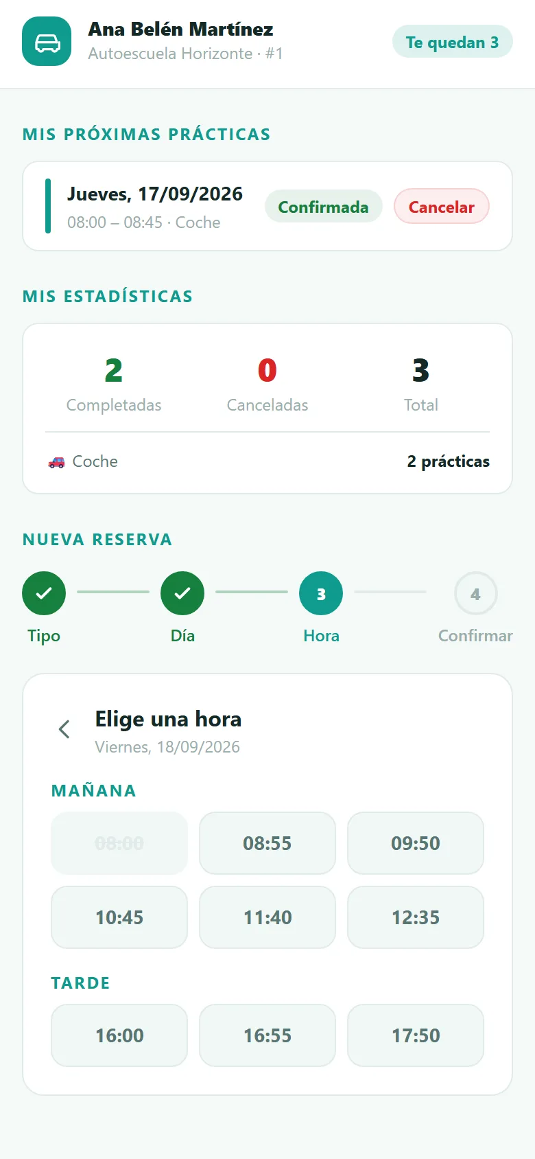 El alumno elige la hora de su práctica desde el móvil